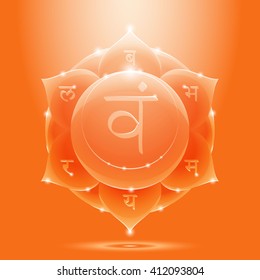 Vector illustration svadhisthana. Chakra glossy icon . The concept of orange sacral chakra for design at India stile. Sanskrit letters ba, bha, ma, ya, ra, la, vam.