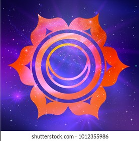 Vector illustration of Svadhisthana chakra on outer space ultraviolet background.