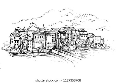 Vector Illustration of Sveti Stefan, small island in Budva and resort in Montenegro. Balkans, Adriatic sea, Europe. Beauty world.Sketch.