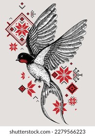 Vector illustration of a swallow bird in flight on a background of Ukrainian ornament