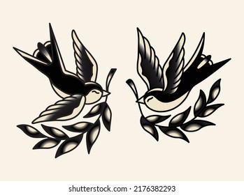 Vector illustration of swallow bird vintage tattoo set