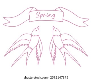 Vektorgrafik von Schwalbenvögeln, von Hand hergestellt. Konturierter Frühlingsdruck mit Vögeln und einem Band mit einem Platz für den Text. Ein Emblem, ein Logo, eine Hochzeitskarte.
