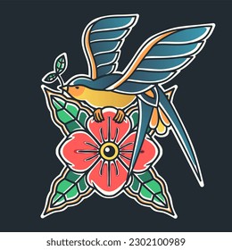 vector illustration, a swallow clutching a red flower.traditional tattoo style.good for printing