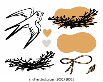 Vector illustration of a swallow with a nest on a white background, set of elements for decor, logo.