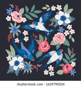 Vector illustration with swallows and flowers: abstract roses and anemones