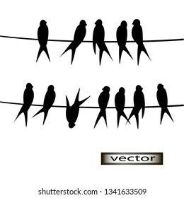 Vector illustration of swallows sitting on a wire silhouettes of birds many flew, a set of two patterns