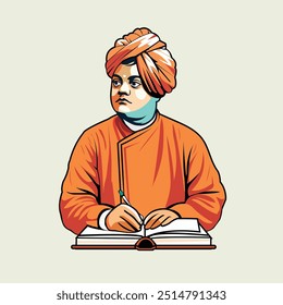 Ilustração vetorial de Swami Vivekananda vestindo suas roupas de assinatura e um turbante e lendo um livro