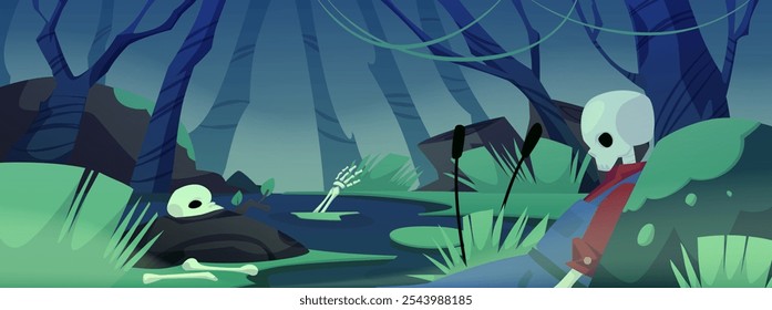 Vector illustration of a swamp forest lake with a skeleton, skull and bones. Background for the game interface. Swamp area with trees, stones, reeds and human bones. Cartoon style.