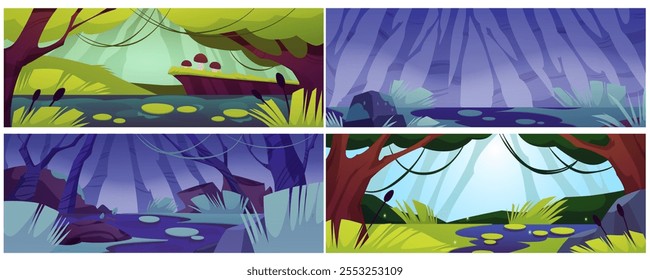 Vector Illustration of a swamp landscape at night and during the day, game interface. Fantasy landscape with trees, overgrown grass and vines. Cartoon background.