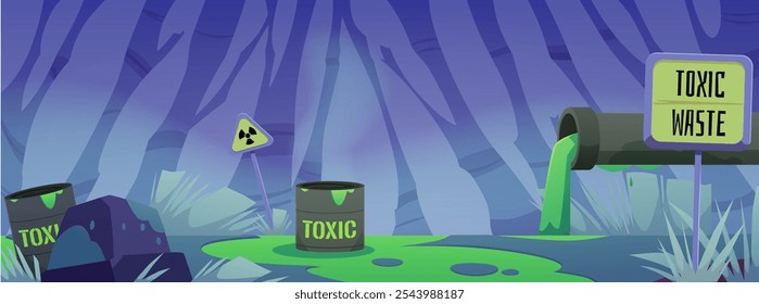 Vector illustration of a swamp with toxic waste, game interface. Night background of a swamp with a pipe, barrels and a toxic waste sign against a forest silhouette. Cartoon style.