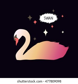 Vector illustration with swan silhouette on black background. Cartoon gradient illustration