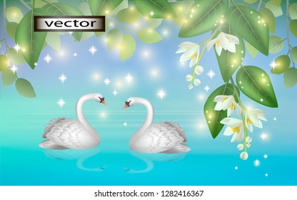 Vector illustration of swans on the background of nature, the flowers hanging over the water, the trees bloom in spring landscape in quiet tones of color