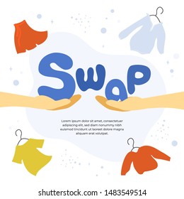 Vector illustration for swap shop or party, event of exchange old wardrobe for new. Two hands with letters S and A. Exchange clothes. Template for banner,poster, layout,flyer, invitation,advert, print