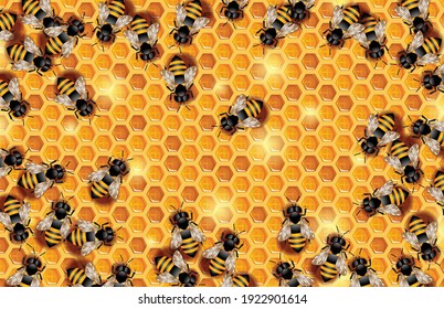 Vector illustration of swarm working bees crawling on a honeycomb