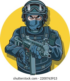 Vector Illustration Of Swat Officer Aiming Machine Pistol