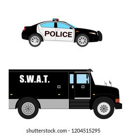 Vector illustration. Swat vehicle and police car realistic hi- detailed isolated on white background. Armored transport