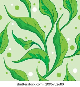 Vector illustration and swatch of wavy leaves seamless pattern. Floral organic background. Hand drawn leaf texture.