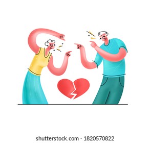 Vector illustration swearing couple pointing at each other and accusing each other. Abstract broken heart. Concept divorce, ending relationships, family problems, misunderstandings, negative emotions.