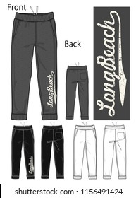 Vector illustration of sweat pants. Front and side views.