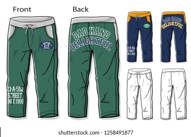 Vector illustration of sweat pants. Front and side views.