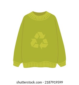 Ilustración vectorial de un suéter cosido a partir de materiales reciclados. Ropa con el símbolo del reciclado de residuos. Ropa biológica y ecológica, textiles ecológicos.