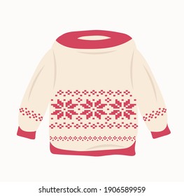 Vector illustration of a sweater. Warm clothing, Norwegian pattern, pattern, jacquard. For tags, labels, and icons. Handmade hobby of knitting