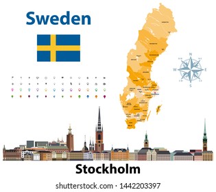 Vector illustration of Sweden counties map with Stockholm city skyline