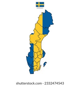 Vector illustration of Sweden map overlaid with the national flag, highlighting the country's geographic outline combined with its national colors.