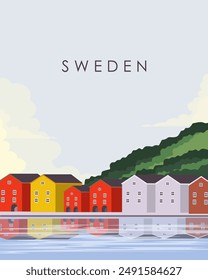 Vector illustration. Sweden, travel poster, banner, postcard, cover. Modern design, tourism, travel.