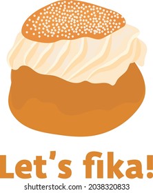 Ilustración vectorial del bollo de canela sueco en estilo caricatura y con mensaje de texto. Concepto de tiempo Fika.