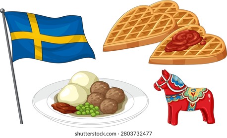 Vector illustration of Swedish flag, heart-shaped waffles, meatballs with potatoes, and traditional red wooden horse.
