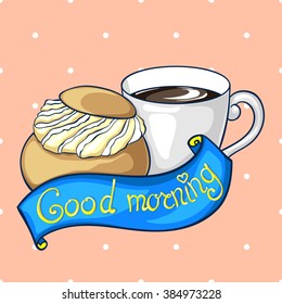 Vector illustration of swedish roll semla with black coffee on seamless polka dot background. Pin up tattoo style. Menu cafe. Cute logo for restaurant