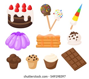 Vector Illustration of sweet baked vector isolated cakes set. Strawberry icing pie for holiday cupcake