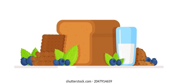 Vector illustration of sweet bread. Concept of sweet bread and milk, berries and cookies. 