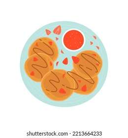 Ilustración vectorial de un desayuno dulce compuesto de crepes vertidos con salsa, fresas y mermelada. Vista superior.