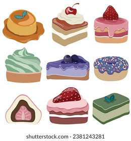 Vector illustration sweet cake and dessert collection on white background 