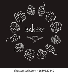 Ilustración vectorial de pasteles dulces. El logo de la panadería. Fondo del menú de comida. Objeto aislado para decorar una pastelería , menú de restaurante, pizarra, banner, productos textiles de cocina.