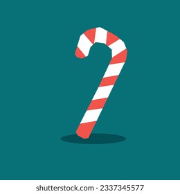 Vector illustration of sweet candy stick. Christmas or New Year festive flat icon. Flat design, angular shapes. White cane with red stripes isolated on a green background. Print template for gifts
