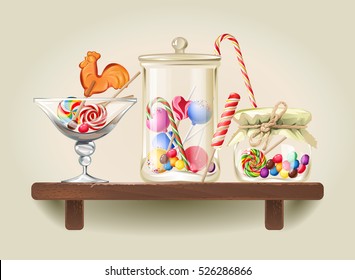 Vector illustration sweet candy, sweetmeats, lollipops and bonbon are in glass jars on wooden shelf.