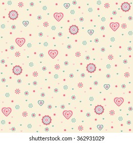 vector illustration of sweet cartoon flower and hearts pattern background.
Postcard to the day of St. Valentine