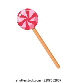 Vector illustration of a sweet cartoon lollipop. Strawberry round lollipop icon isolated on a white background. Sweet pink round candy icon vector.