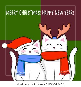 Vector illustration sweet Cat Christmas and New Year holiday. Template, magazine, background, business, idea, mocap, banner, postcard, scrapbook winter holiday theme.