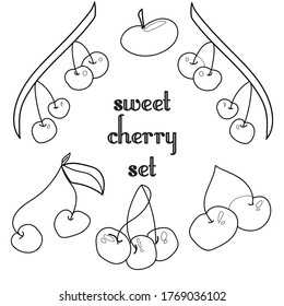 Vector illustration of sweet cherries. Isolated on a white background. Illustration of different sweet cherries. Set of vector line berries. Berries on a twig and single. Suitable for business cards 