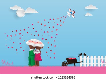vector illustration of sweet couple teddy bears under love umbrella with airplane releases heart shape papers and birdhouses, brown birds, white fence, white clouds, white sun on blue sky background.