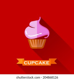 vector illustration with a sweet cupcake in flat design style with long shadows. 