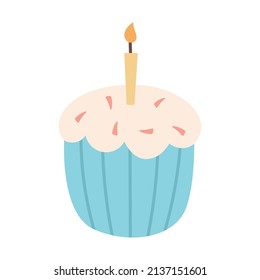 Vector illustration of a sweet cupcake or muffin with icing and a candle.