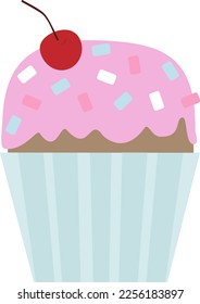 Vector illustration of sweet cupcake with pink cream icing and cherry in cartoon style