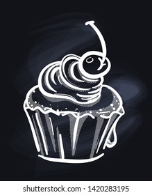 Vector illustration of sweet cute cupcake on the blackboard. Hand drawn sketch style