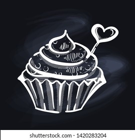Vector illustration of sweet cute cupcake on the blackboard. Hand drawn sketch style
