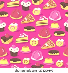 A vector illustration of a sweet and delicious cakes and other desserts seamless pattern background. This pattern is easily tileable and color modifiable.